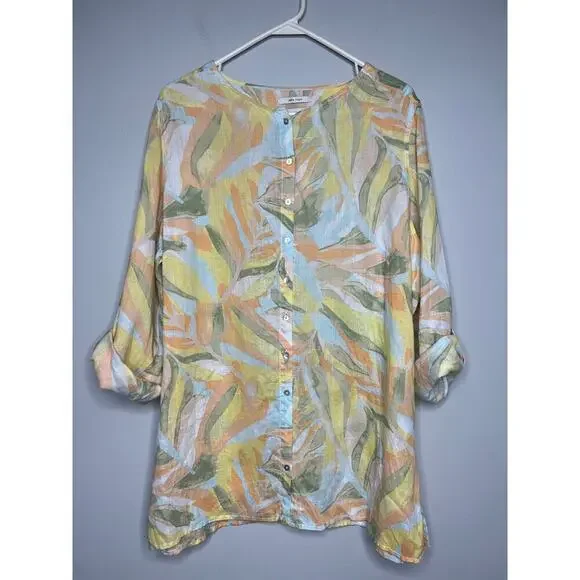 Rachel Zoe 100% Linen Tunic Shirt Button Up Pastel Floral Roll Tab Plus Size 1X - Picture 3 of 8